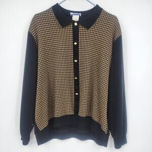 Cape Cod Sportswear Houndstooth Polo Sweater Navy Brown Gold Buttons Collared